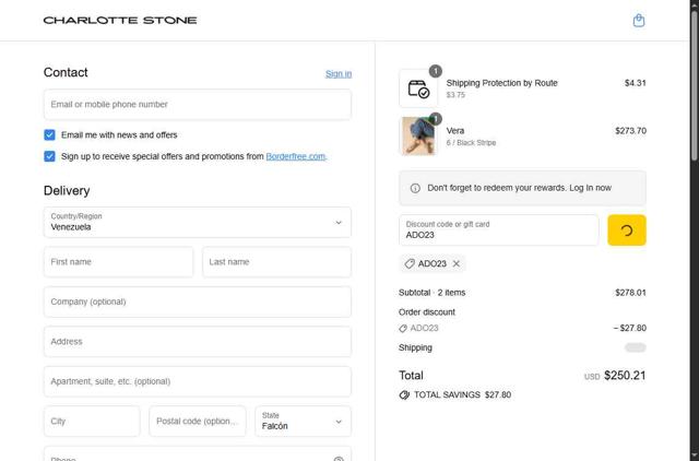 Charlotte Stone checkout page showing Charlotte Stone discount code box | Screenshot taken by SimplyCodes community member on Sep 11, 2025