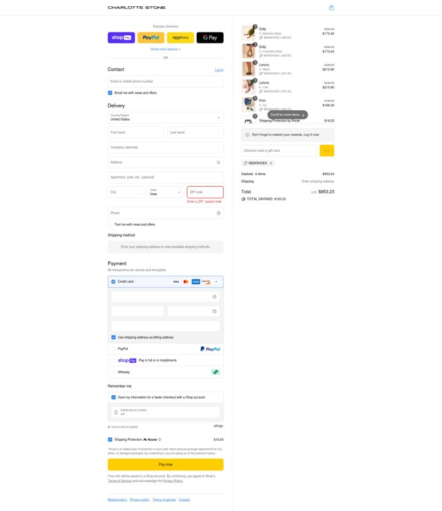 Charlotte Stone checkout page showing Charlotte Stone discount code box | Screenshot taken by SimplyCodes community member on Aug 8, 2025