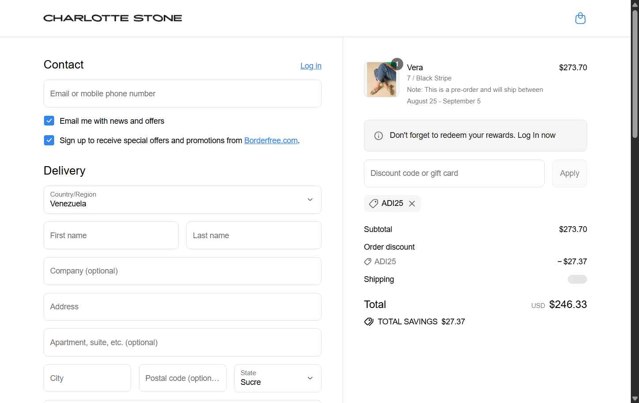 Charlotte Stone checkout page showing Charlotte Stone discount code box | Screenshot taken by SimplyCodes community member on Aug 28, 2025