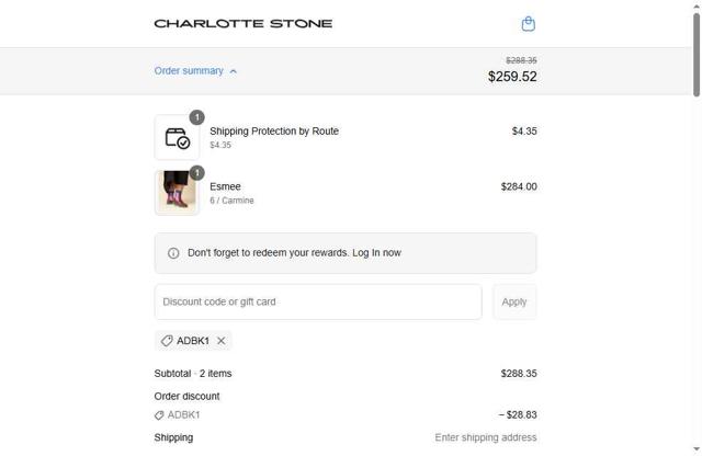 Charlotte Stone checkout page showing Charlotte Stone discount code box | Screenshot taken by SimplyCodes community member on Sep 14, 2025