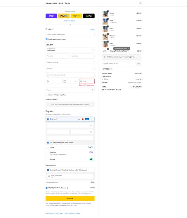Charlotte Stone checkout page showing Charlotte Stone discount code box | Screenshot taken by SimplyCodes community member on Sep 15, 2025