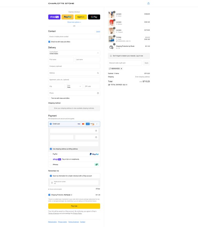 Charlotte Stone checkout page showing Charlotte Stone discount code box | Screenshot taken by SimplyCodes community member on Aug 3, 2025