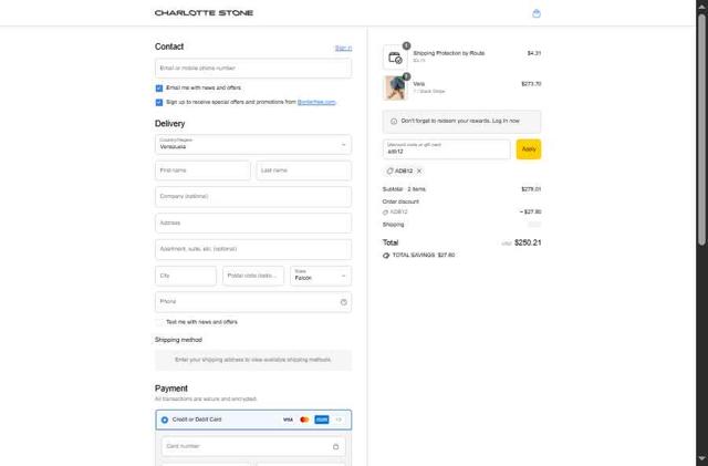 Charlotte Stone checkout page showing Charlotte Stone discount code box | Screenshot taken by SimplyCodes community member on Sep 12, 2025