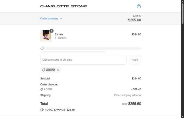 Charlotte Stone checkout page showing Charlotte Stone discount code box | Screenshot taken by SimplyCodes community member on Sep 14, 2025