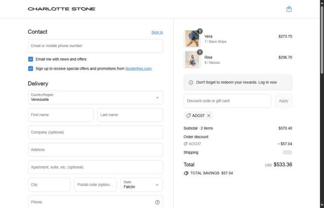 Charlotte Stone checkout page showing Charlotte Stone discount code box | Screenshot taken by SimplyCodes community member on Sep 11, 2025