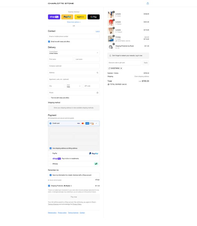 Charlotte Stone checkout page showing Charlotte Stone discount code box | Screenshot taken by SimplyCodes community member on Aug 3, 2025