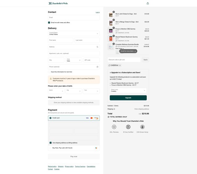 Charlotte's Web checkout page showing Charlotte's Web discount code box | Screenshot taken by SimplyCodes community member on Sep 7, 2025