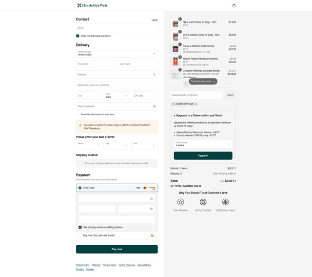Charlotte's Web checkout page showing Charlotte's Web discount code box | Screenshot taken by SimplyCodes community member on Sep 7, 2025
