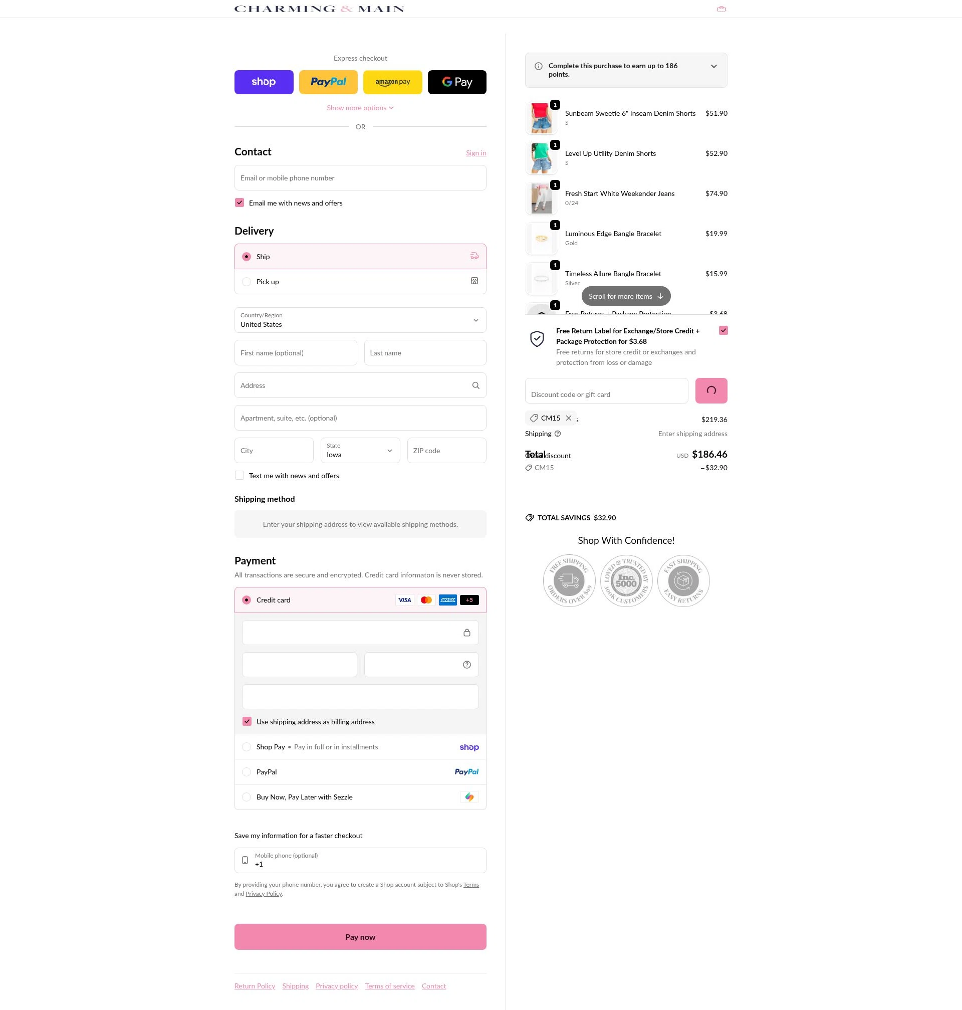 Charming & Main checkout page showing Charming & Main discount code box | Screenshot taken by SimplyCodes community member on Feb 13, 2026