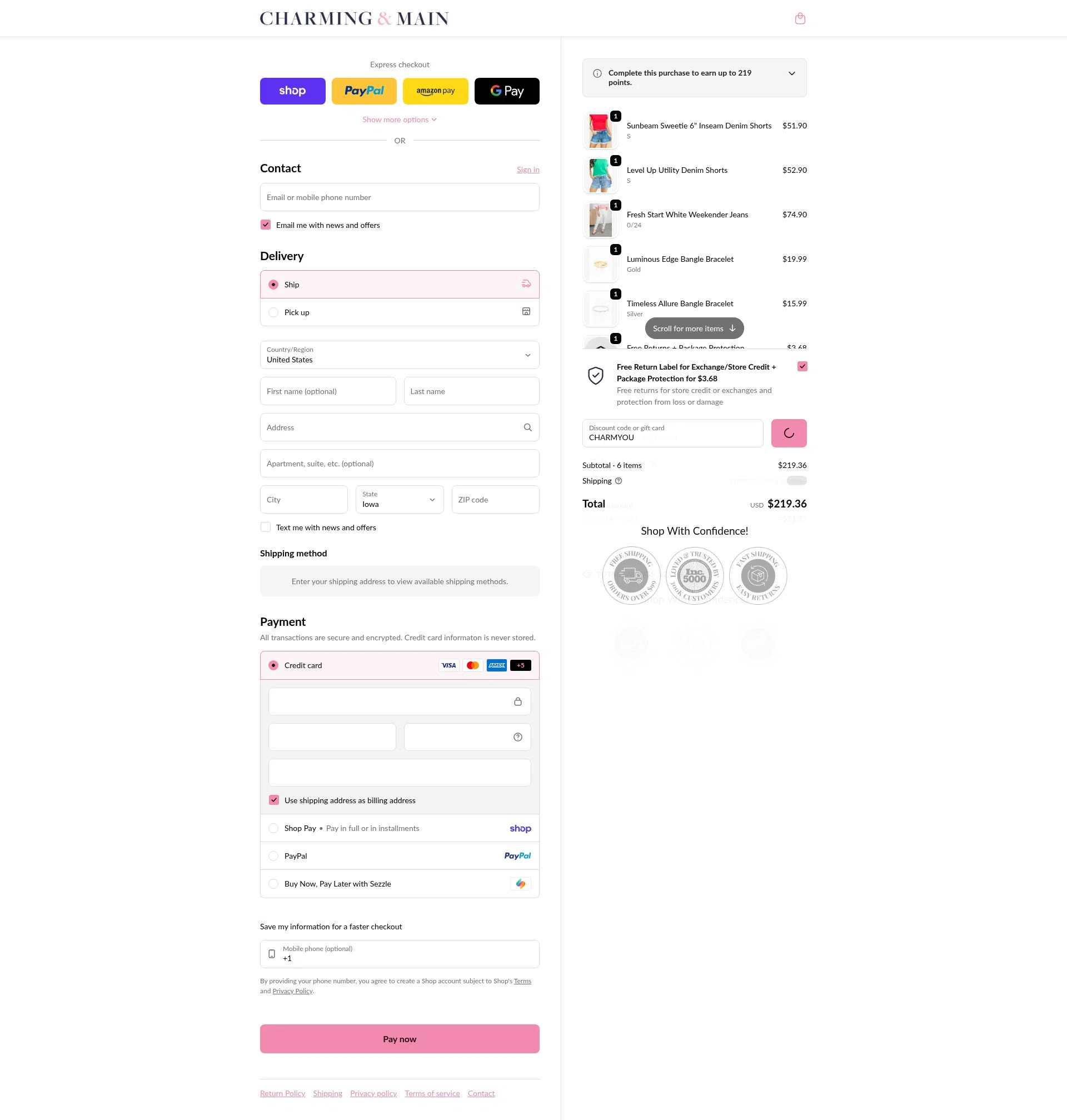 Charming & Main checkout page showing Charming & Main discount code box | Screenshot taken by SimplyCodes community member on Feb 5, 2026
