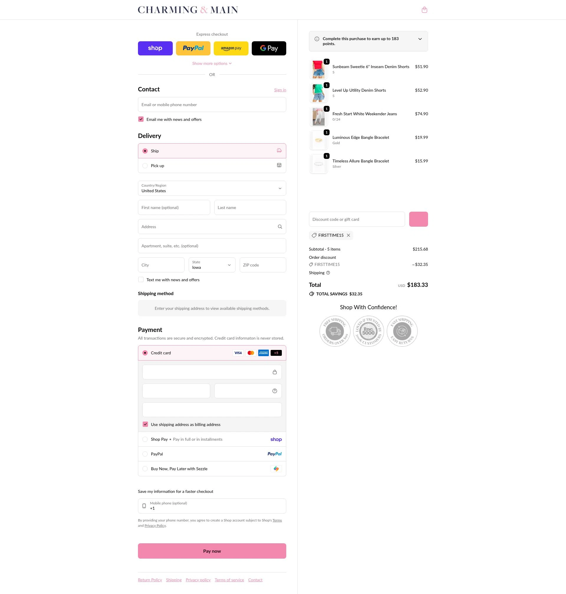Charming & Main checkout page showing Charming & Main discount code box | Screenshot taken by SimplyCodes community member on Feb 9, 2026