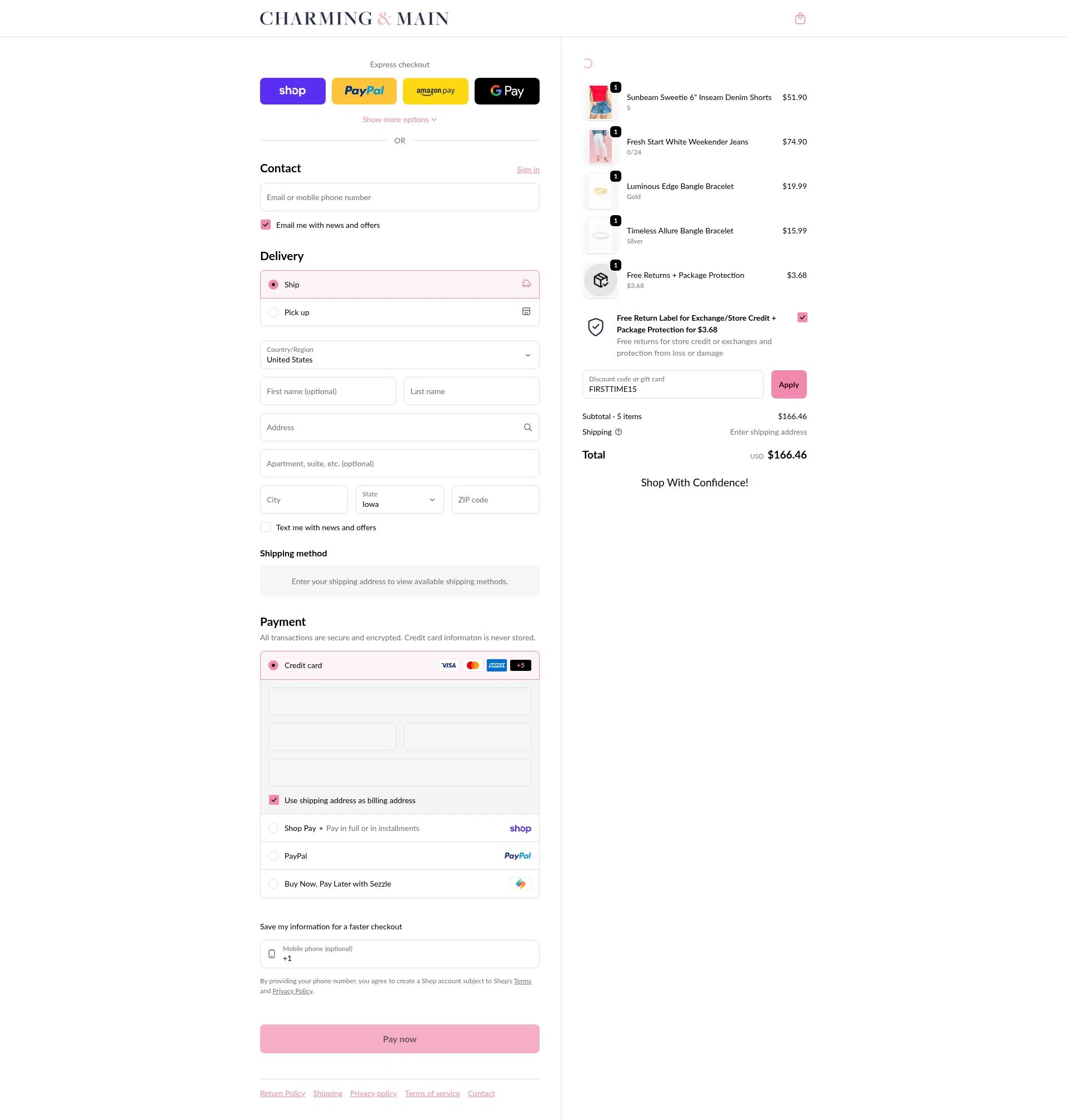 Charming & Main checkout page showing Charming & Main discount code box | Screenshot taken by SimplyCodes community member on Feb 18, 2026