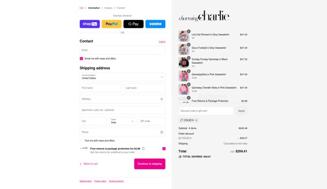 Charming Charlie checkout page showing Charming Charlie promo code box | Screenshot taken by SimplyCodes community member on Aug 27, 2025