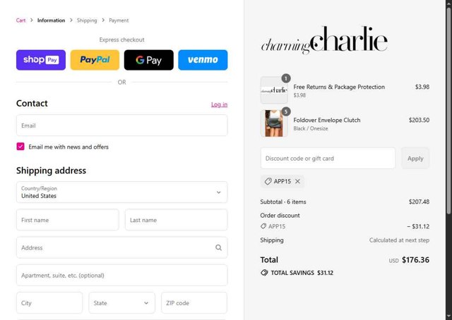 Charming Charlie checkout page showing Charming Charlie promo code box | Screenshot taken by SimplyCodes community member on Aug 27, 2025