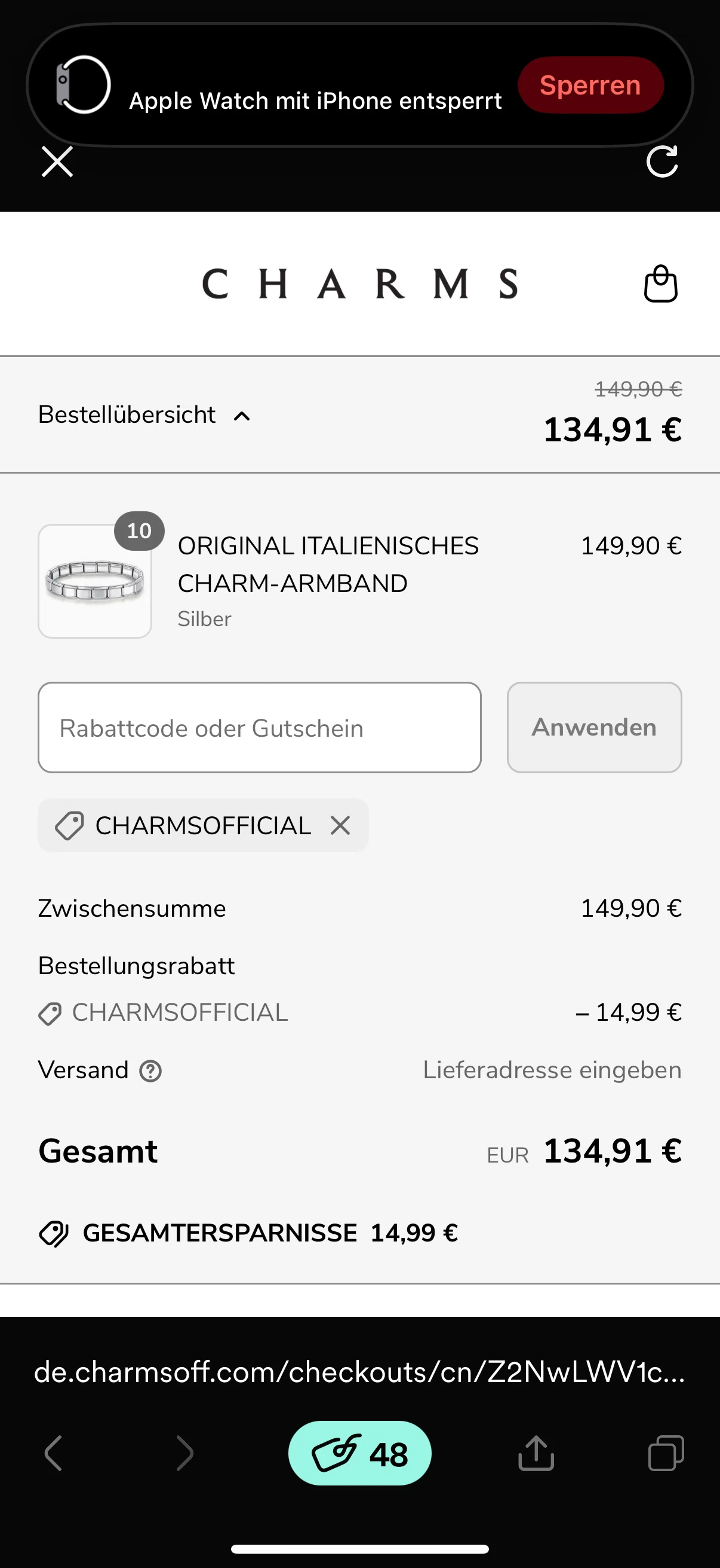 Charms discount code screenshot showing code CHARMSOFFICIAL applied at Charms checkout page. Uploaded by SimplyCodes community member fakecode_hunter on Feb 10, 2026