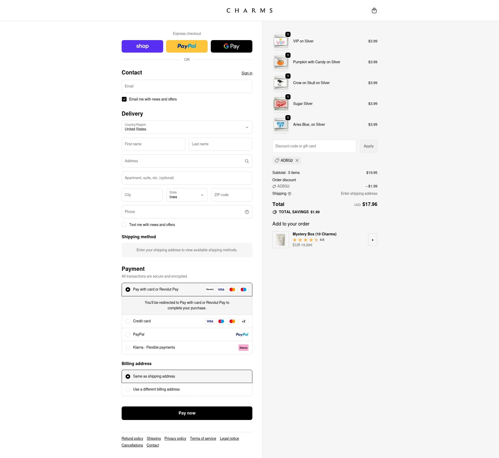 Charms checkout page showing Charms discount code box | Screenshot taken by SimplyCodes community member on Feb 19, 2026