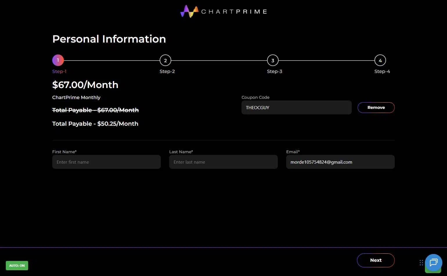 Chartprime checkout page showing Chartprime promo code box | Screenshot taken by SimplyCodes community member on Oct 1, 2025