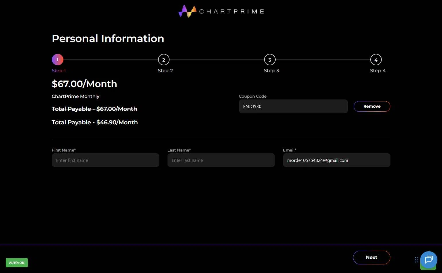 Chartprime checkout page showing Chartprime promo code box | Screenshot taken by SimplyCodes community member on Oct 4, 2025