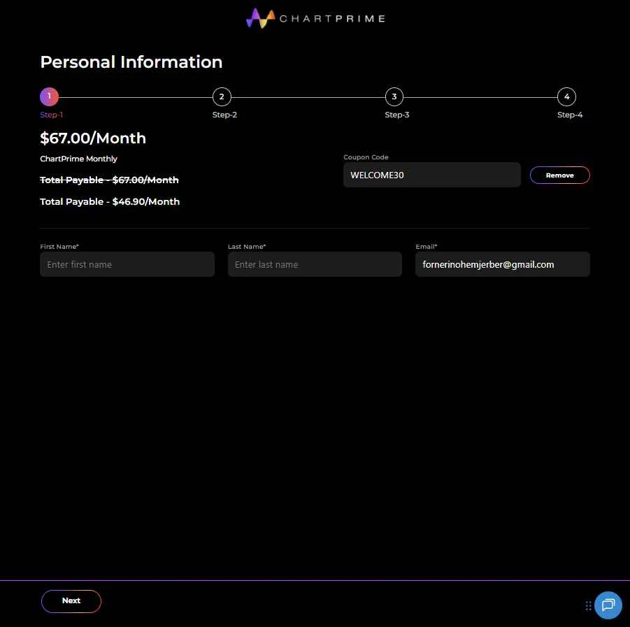 Chartprime checkout page showing Chartprime promo code box | Screenshot taken by SimplyCodes community member on Sep 30, 2025