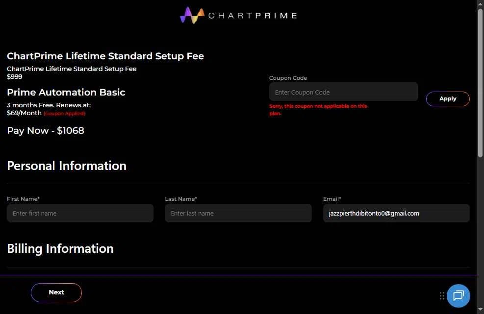 Chartprime checkout page showing Chartprime promo code box | Screenshot taken by SimplyCodes community member on Nov 26, 2025