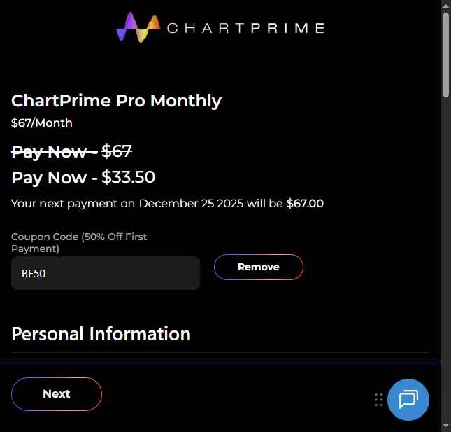 Chartprime checkout page showing Chartprime promo code box | Screenshot taken by SimplyCodes community member on Nov 25, 2025