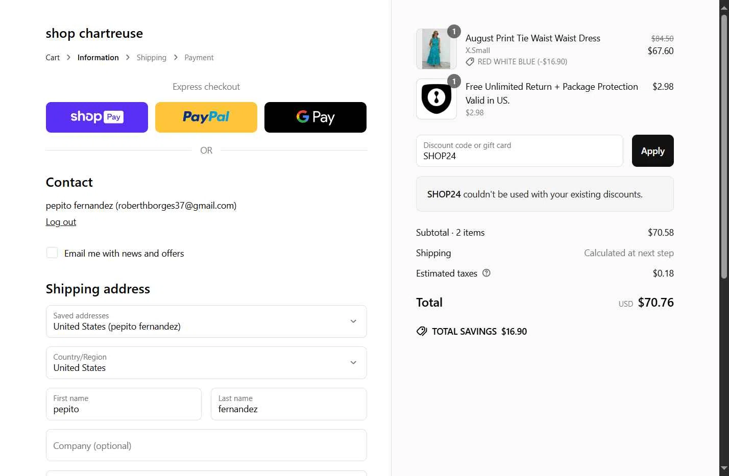 Chartreuse Boutique checkout page showing Chartreuse Boutique promo code box | Screenshot taken by SimplyCodes community member on Jun 28, 2025