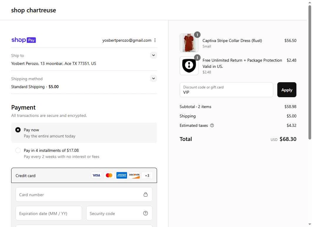 Chartreuse Boutique checkout page showing Chartreuse Boutique promo code box | Screenshot taken by SimplyCodes community member on Jul 25, 2025