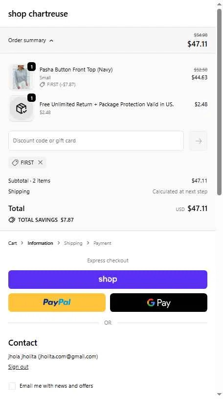 Chartreuse Boutique checkout page showing Chartreuse Boutique promo code box | Screenshot taken by SimplyCodes community member on Dec 5, 2025