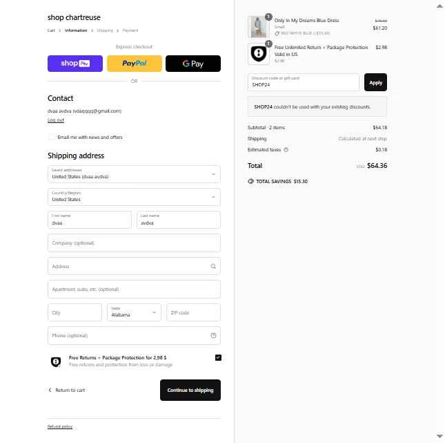 Chartreuse Boutique checkout page showing Chartreuse Boutique promo code box | Screenshot taken by SimplyCodes community member on Jun 28, 2025