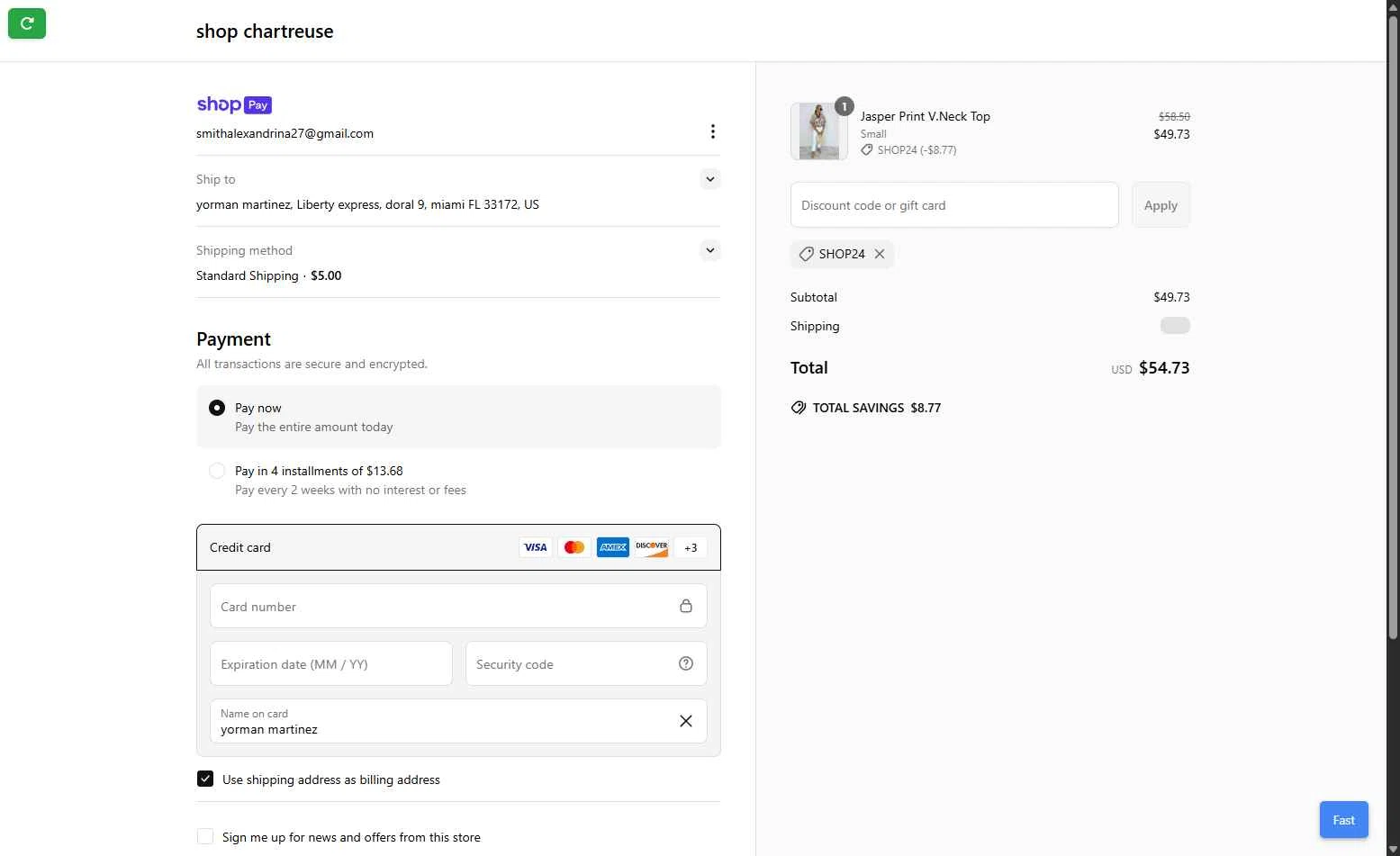 Chartreuse Boutique checkout page showing Chartreuse Boutique promo code box | Screenshot taken by SimplyCodes community member on May 29, 2025