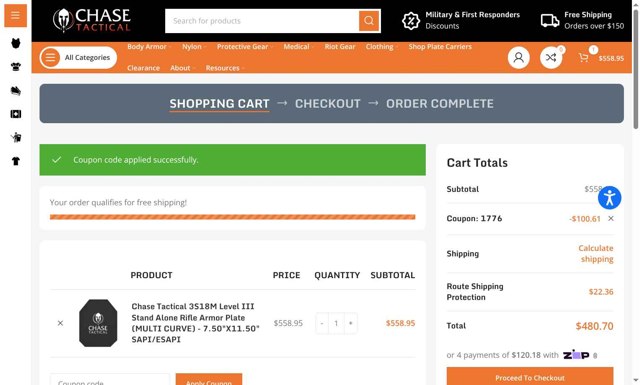 Chase Tactical checkout page showing Chase Tactical coupon code box | Screenshot taken by SimplyCodes community member on Jul 3, 2025