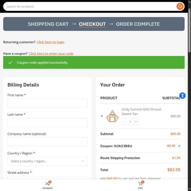 Chase Tactical checkout page showing Chase Tactical coupon code box | Screenshot taken by SimplyCodes community member on Aug 1, 2025