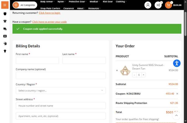 Chase Tactical checkout page showing Chase Tactical coupon code box | Screenshot taken by SimplyCodes community member on Aug 30, 2025
