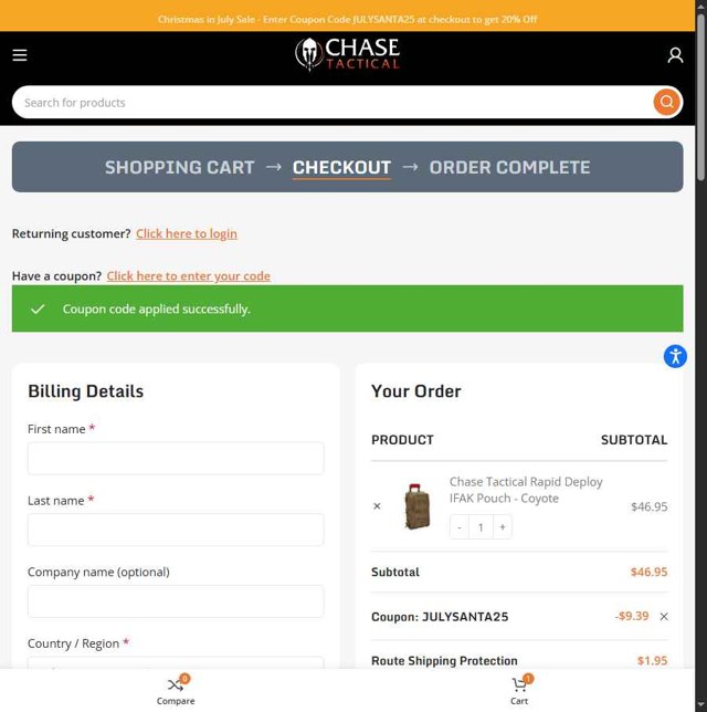 Chase Tactical checkout page showing Chase Tactical coupon code box | Screenshot taken by SimplyCodes community member on Jul 31, 2025
