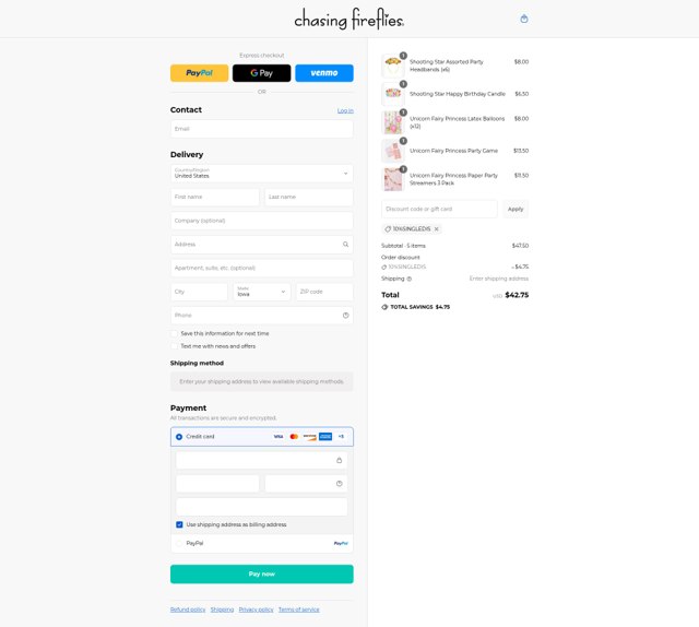 Chasing Fireflies checkout page showing Chasing Fireflies promo code box | Screenshot taken by SimplyCodes community member on Aug 27, 2025