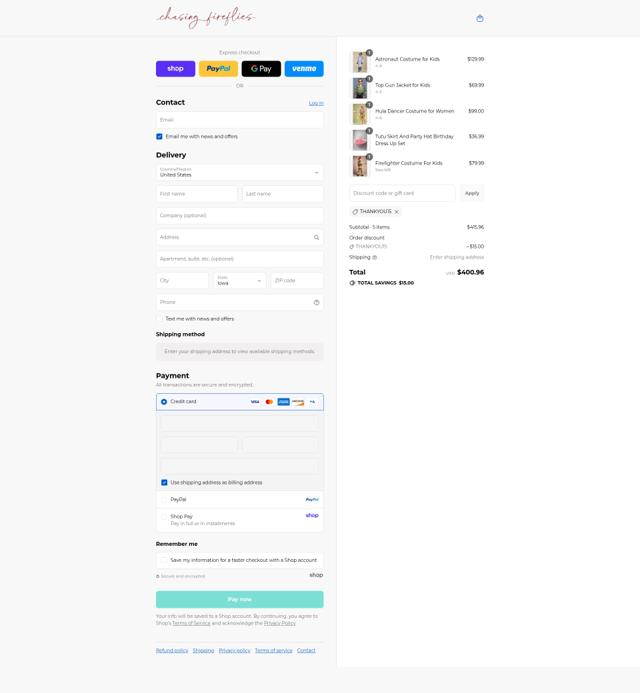 Chasing Fireflies checkout page showing Chasing Fireflies promo code box | Screenshot taken by SimplyCodes community member on Sep 4, 2025