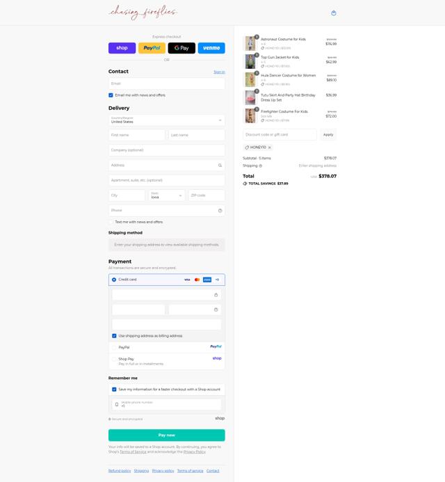 Chasing Fireflies checkout page showing Chasing Fireflies promo code box | Screenshot taken by SimplyCodes community member on Sep 12, 2025