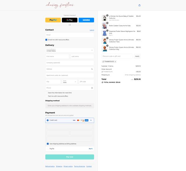 Chasing Fireflies checkout page showing Chasing Fireflies promo code box | Screenshot taken by SimplyCodes community member on Aug 31, 2025