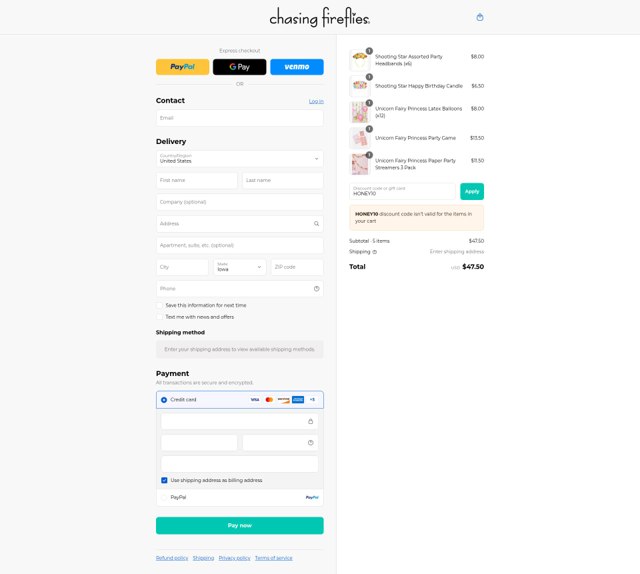 Chasing Fireflies checkout page showing Chasing Fireflies promo code box | Screenshot taken by SimplyCodes community member on Aug 23, 2025