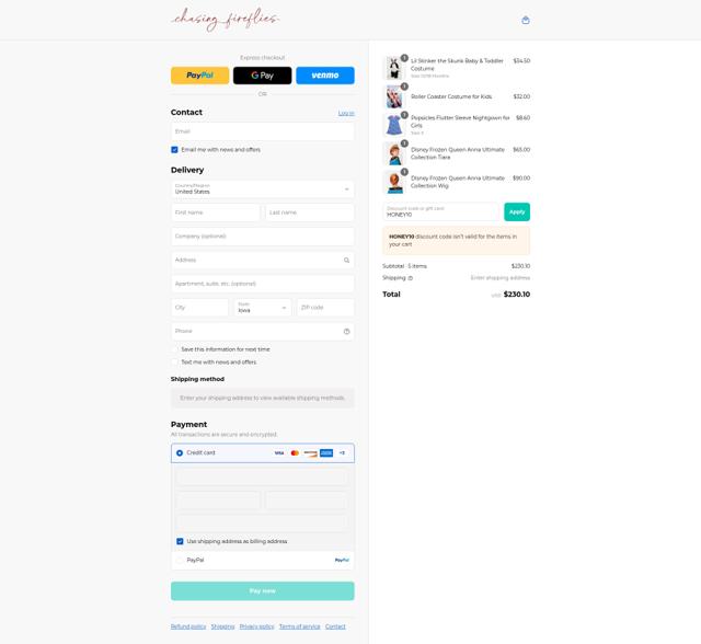 Chasing Fireflies checkout page showing Chasing Fireflies promo code box | Screenshot taken by SimplyCodes community member on Aug 31, 2025