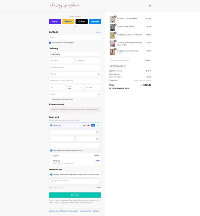 Chasing Fireflies checkout page showing Chasing Fireflies promo code box | Screenshot taken by SimplyCodes community member on Sep 12, 2025
