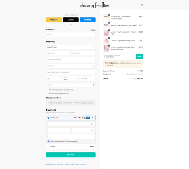 Chasing Fireflies checkout page showing Chasing Fireflies promo code box | Screenshot taken by SimplyCodes community member on Aug 27, 2025