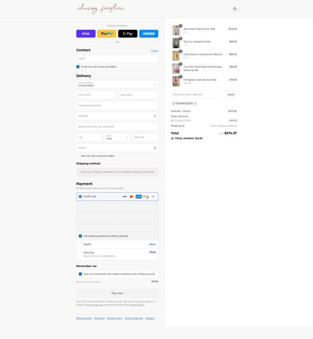 Chasing Fireflies checkout page showing Chasing Fireflies promo code box | Screenshot taken by SimplyCodes community member on Sep 4, 2025