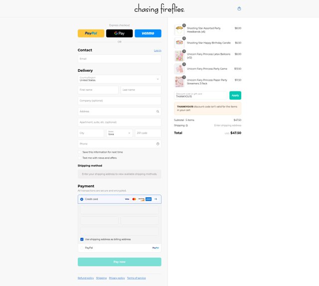 Chasing Fireflies checkout page showing Chasing Fireflies promo code box | Screenshot taken by SimplyCodes community member on Aug 23, 2025