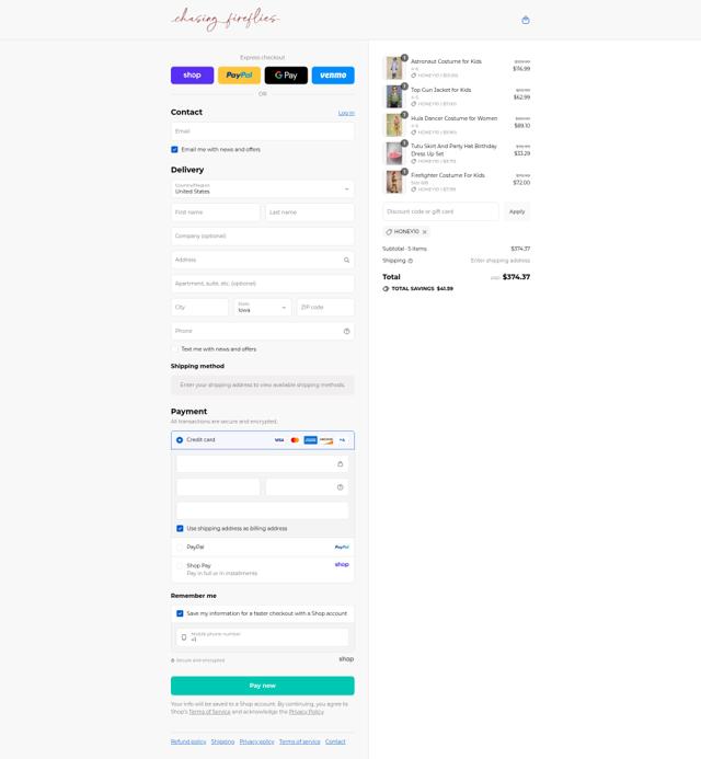 Chasing Fireflies checkout page showing Chasing Fireflies promo code box | Screenshot taken by SimplyCodes community member on Sep 4, 2025