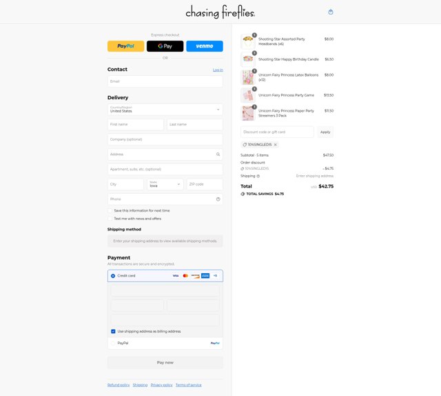 Chasing Fireflies checkout page showing Chasing Fireflies promo code box | Screenshot taken by SimplyCodes community member on Aug 23, 2025