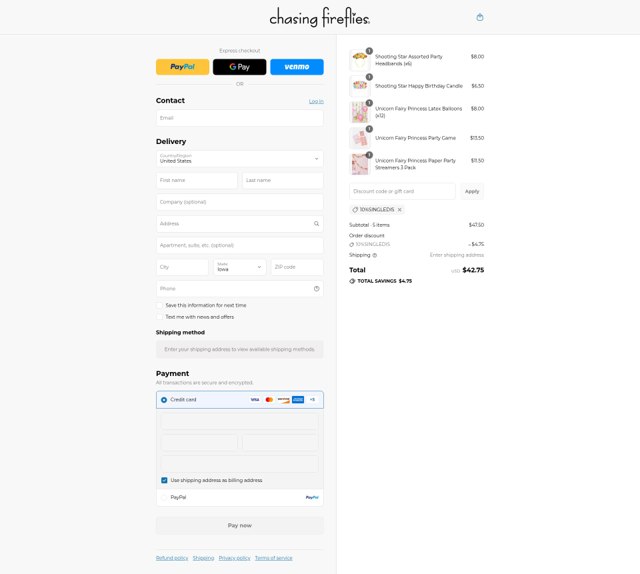 Chasing Fireflies checkout page showing Chasing Fireflies promo code box | Screenshot taken by SimplyCodes community member on Aug 13, 2025