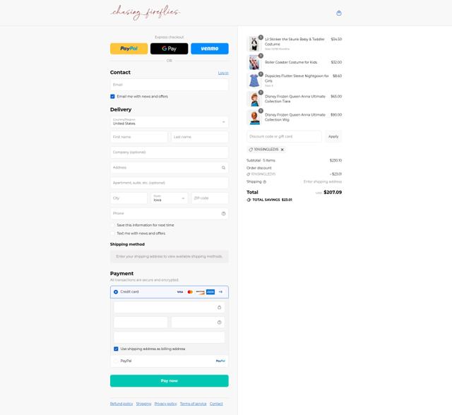 Chasing Fireflies checkout page showing Chasing Fireflies promo code box | Screenshot taken by SimplyCodes community member on Aug 31, 2025