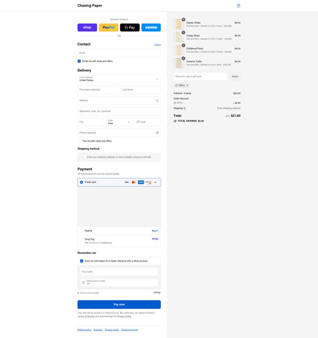 Chasing Paper checkout page showing Chasing Paper discount code box | Screenshot taken by SimplyCodes community member on Sep 4, 2025