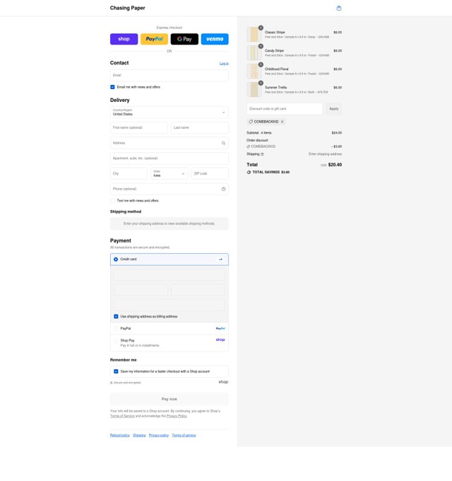 Chasing Paper checkout page showing Chasing Paper discount code box | Screenshot taken by SimplyCodes community member on Sep 4, 2025